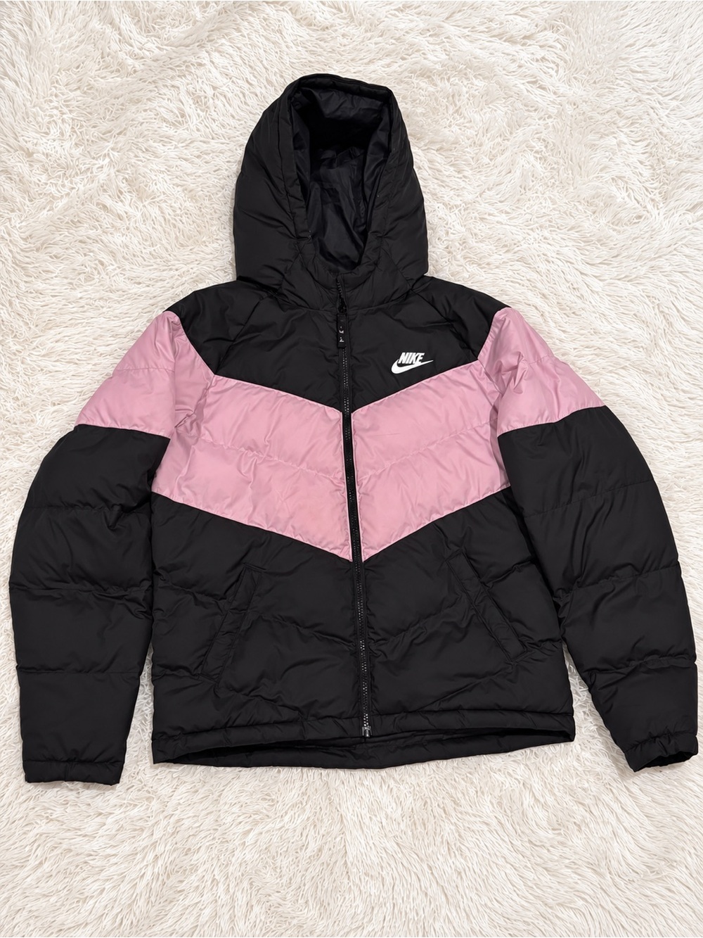 Nike Women’s Black & Pink Hooded Chevron Puffer Jacket